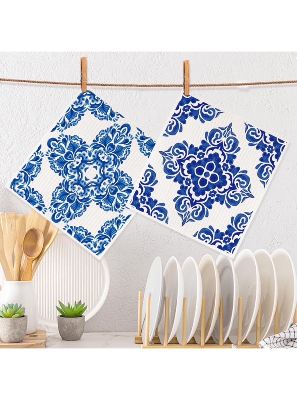 Bohemian Blue Floral Printed Swedish Dish Cloths Set of 2
